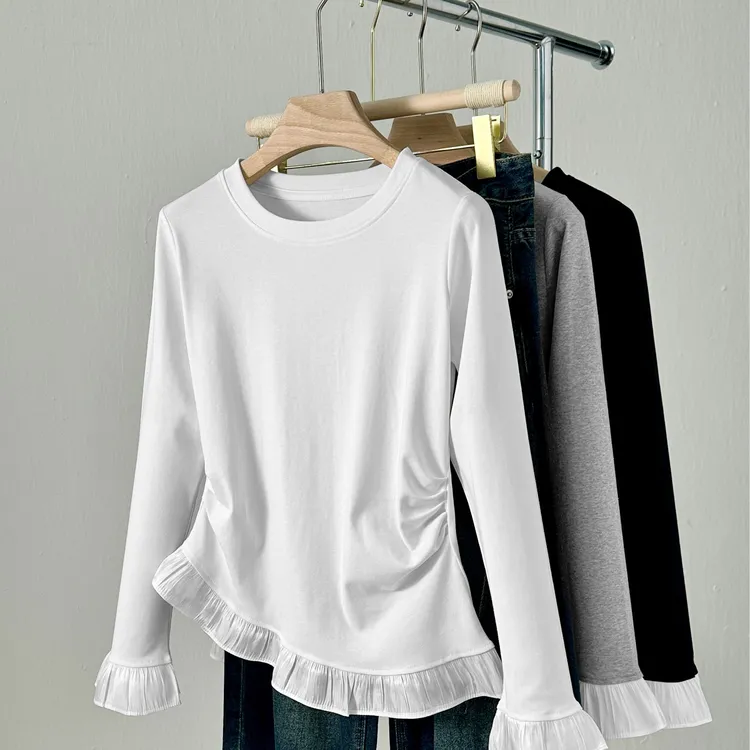拼接蕾丝边长袖韩版修身宽松T恤宽松春季百搭时尚上衣T恤