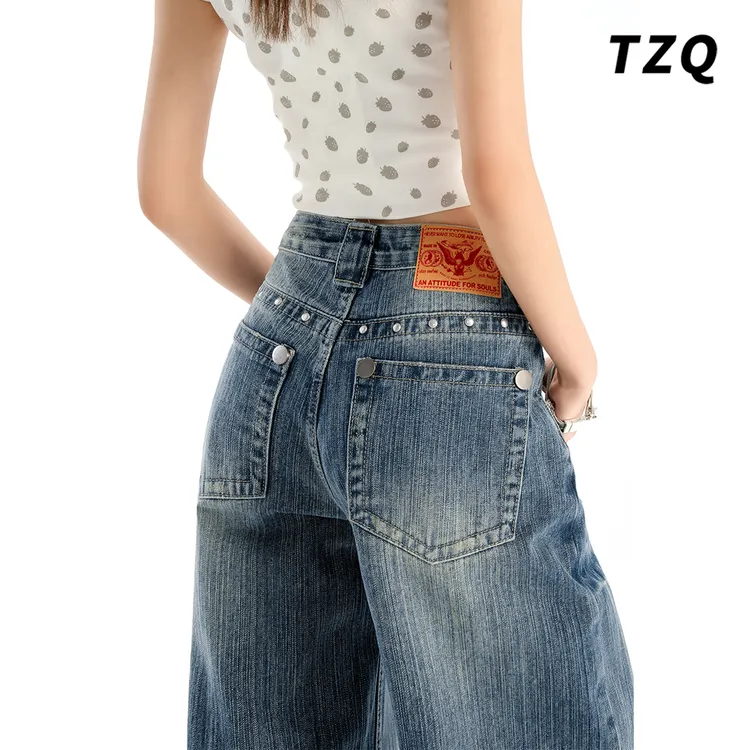 美式复古铆钉阔腿牛仔裤女秋设计感高腰显瘦宽松牛仔裤TZQ2590806