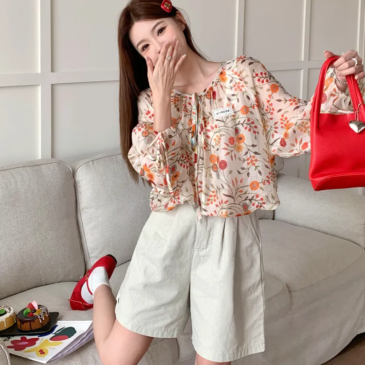 ICYNUDE 官方店橘红碎花长袖上衣宽松气质薄款慵懒减龄衬衫女新款