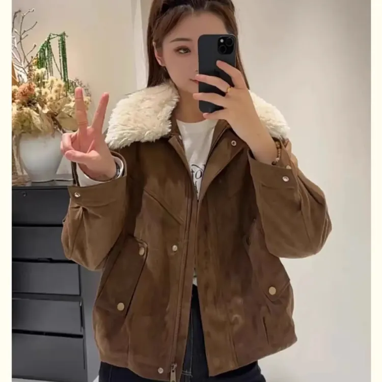 可拆卸毛领加棉加厚麂皮绒外套2025冬新款棉衣小个子保暖夹克潮