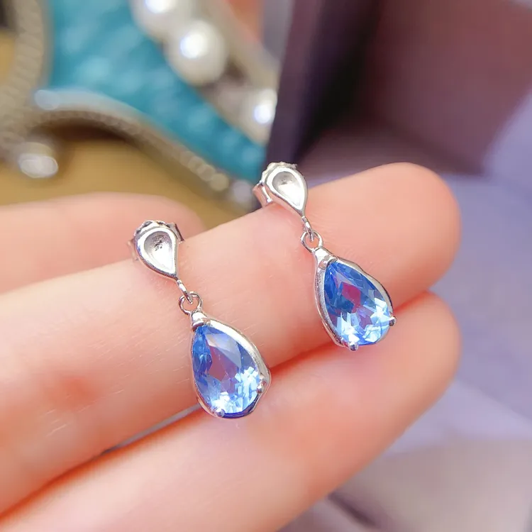 925银水滴托帕石耳钉女气质适合生日送女友蓝色百搭灵动精致