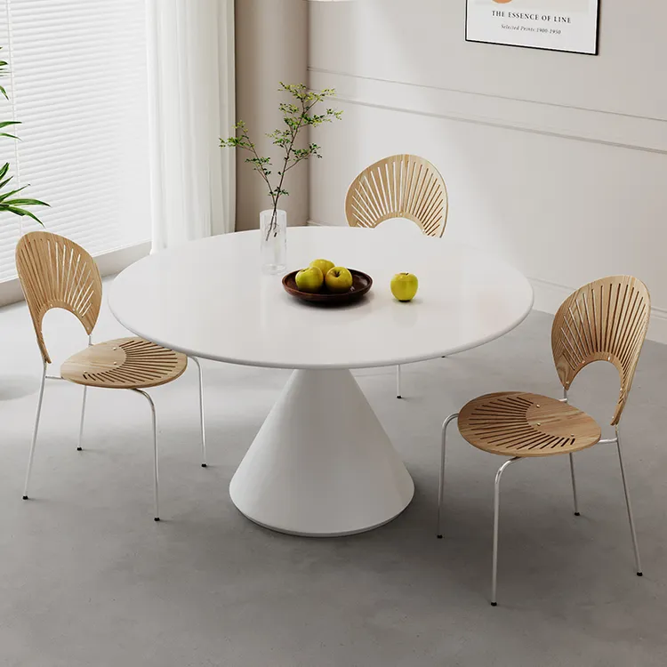 纯白哑光岩板圆形餐桌椅组合小户型家用现代纯黑简约饭桌子休闲桌