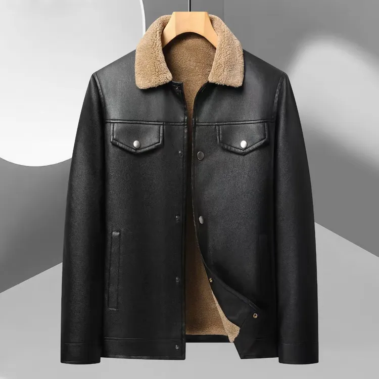 褶皱翻领宽松型德绒男士皮衣毛领短款中老年包邮有运费险