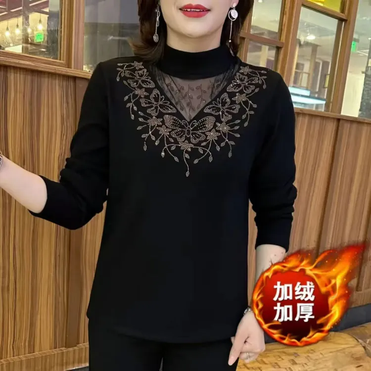 一体绒保暖洋气打底衫女2025秋冬气质半高领镂空烫钻显瘦百搭小衫