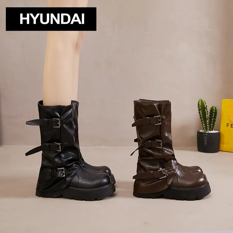 【一只璐甄选H140】HYUNDAI现代 韩版休闲骑士长靴25905