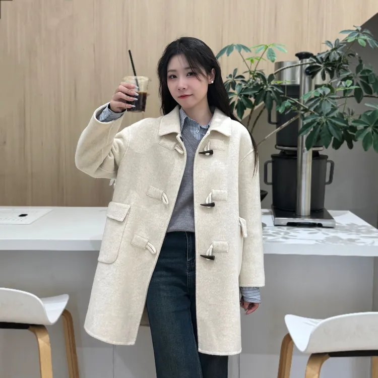 2025新款韩版洋气百搭小个子定制牛角扣双面羊毛大衣5613