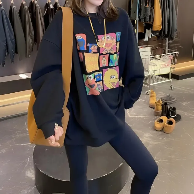 秋季新款韩版卡通印花圆领休闲卫衣大码女装宽松舒适简约慵懒上衣