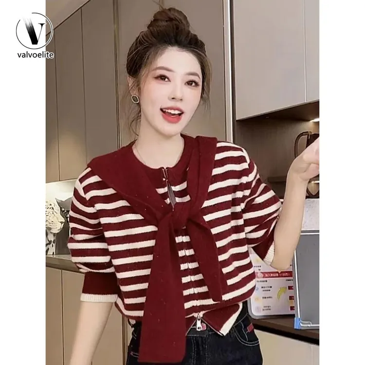 VALVOELITE披肩连帽条纹针织开衫女秋外搭独特漂亮超好看毛衣外套