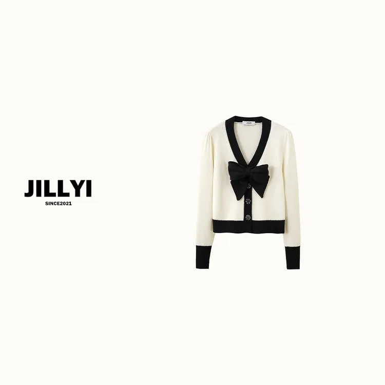JILLYI【蝴蝶蛋糕】黑白撞色V领大蝴蝶结三粒扣优雅气质针织开衫