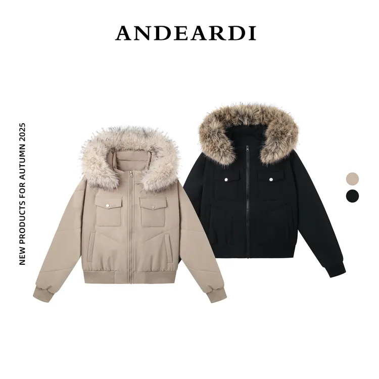 ANDEARDI连帽保暖短款棉衣大毛领短款棉服女士运动户外