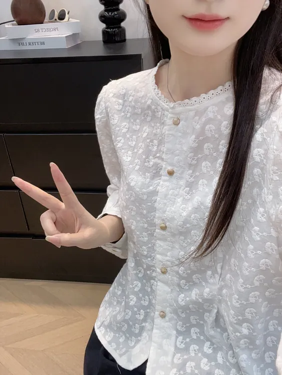 【白月光】百搭气质花边领衬衫时尚洋气显瘦减龄上衣春秋长袖短款
