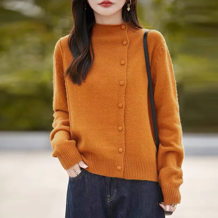韩版时尚洋气百搭单排扣针织衫女开衫外套拼接纯色秋冬新款毛衣