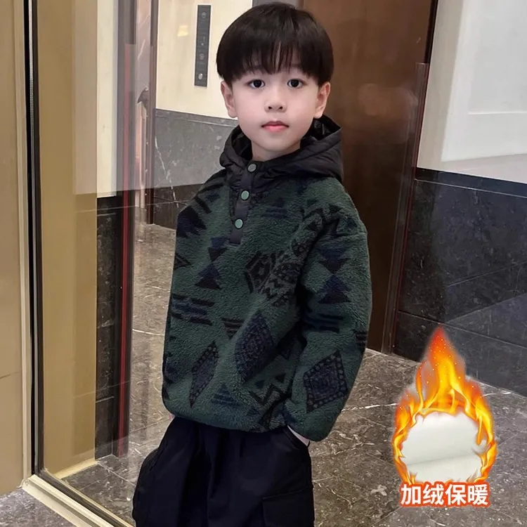 男童冬季加绒加厚保暖摇粒绒连帽卫衣2025新款秋冬儿童儿童卫衣男