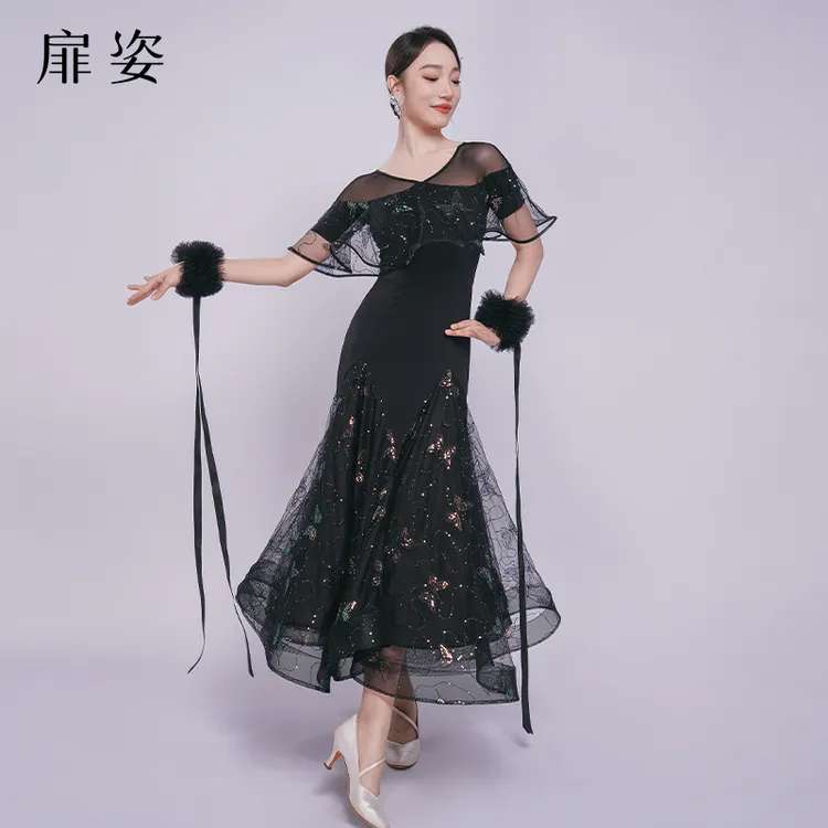 扉姿 摩登舞裙女国标舞亮片比赛裙新款交谊舞洋气跳舞连衣裙F3057