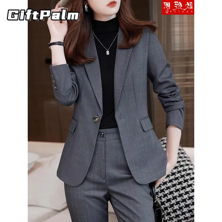 GiftPalm灰色女式职业套装秋季新款高端正装典雅工作服女套装夹克