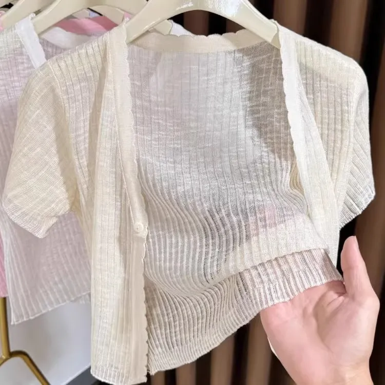 冰丝针织开衫女短袖夏季超薄款搭配吊带裙外搭短款小披肩防晒罩衫