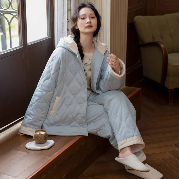 族玛士睡衣女士秋冬季加绒加厚保暖可外穿连帽大码夹棉家居服套装