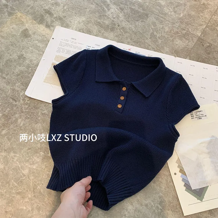百搭老钱风女装2025夏季新款修身显瘦polo领蓝色针织T恤短袖上衣