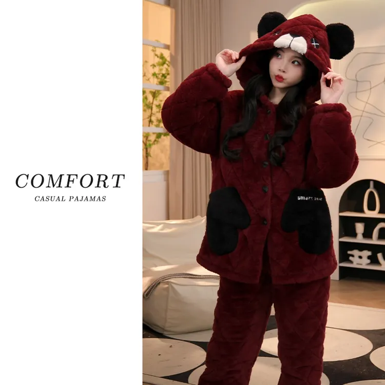 三层夹棉睡衣珊瑚绒女士加绒加厚高颜值保暖法兰绒连帽家居服套装