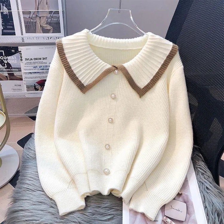 秋冬毛衣女甜美娃娃领毛衣开衫女2025年撞色新款网红感针织衫外套