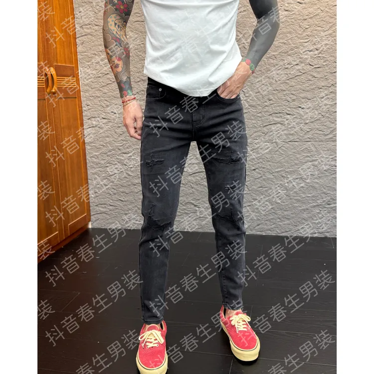 2025早秋新款时尚休闲百搭黑灰色猫须刀割修身小脚男士牛仔裤6059