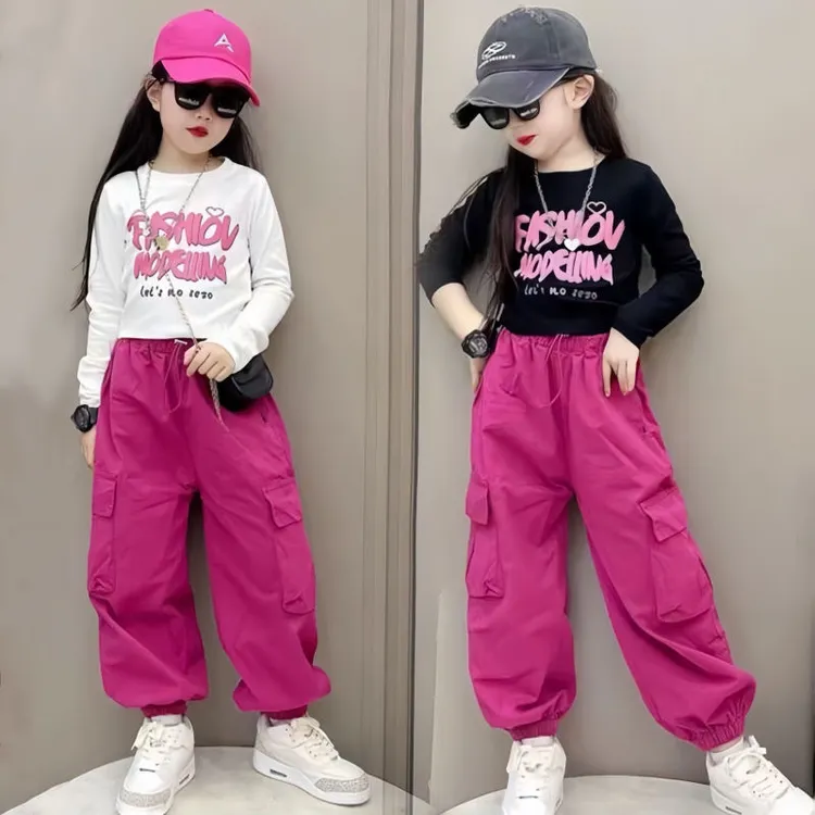 女童春秋套装韩系百搭2025新款中大童女孩时尚打底衫工装裤两件套