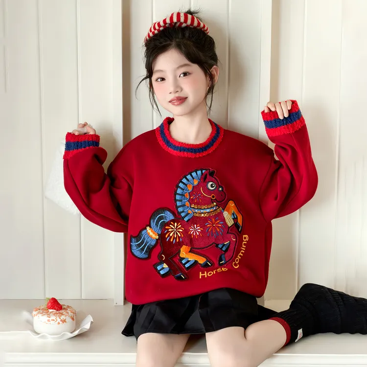 女童马年新年衣服秋冬加绒加厚红色卫衣中大童女孩拜年服儿童冬装