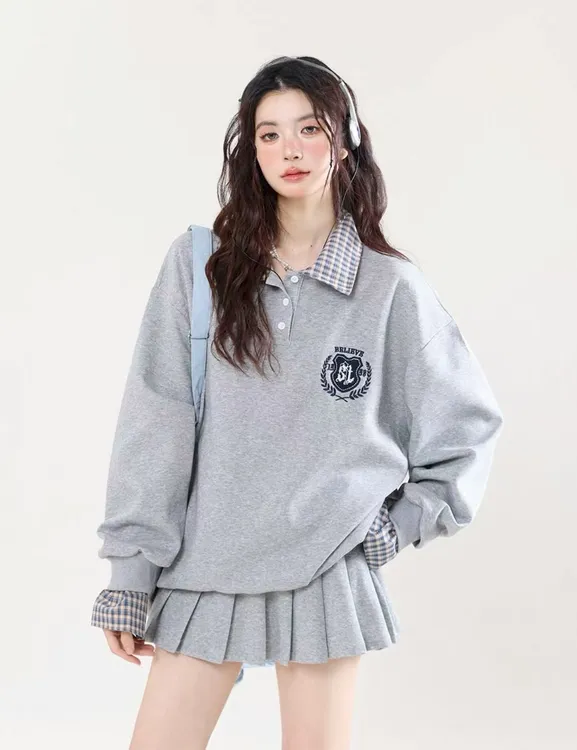 【早秋学院两件套】假两件拼接卫衣女春秋宽松学院风上衣半身裙套装