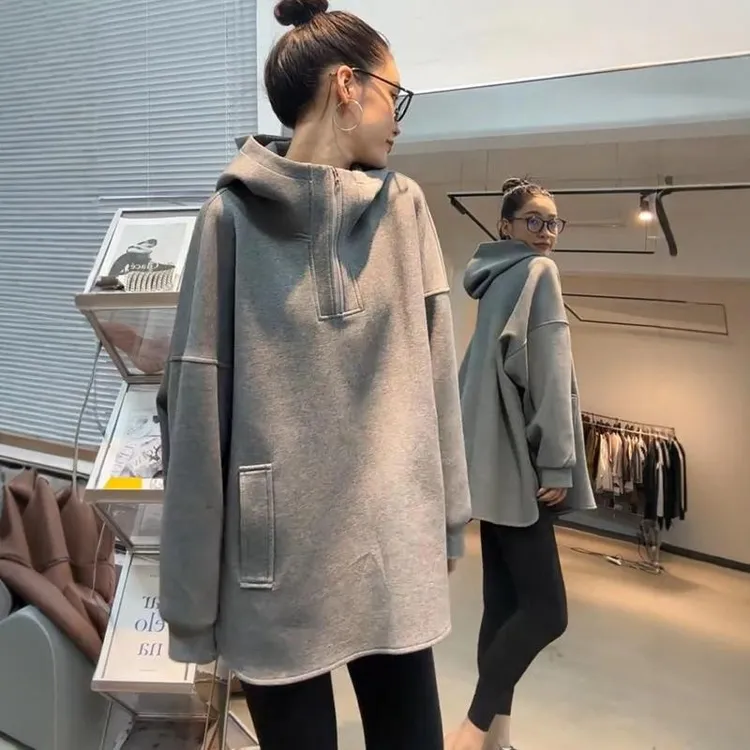 慵懒风半开 领连帽运动衫女2025春秋新款中长版大版休闲 帽衫上衣