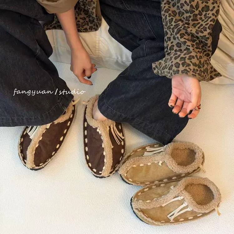 百搭冬季一字型毛毛鞋女包头拖加绒包头款个性小众毛毛拖鞋