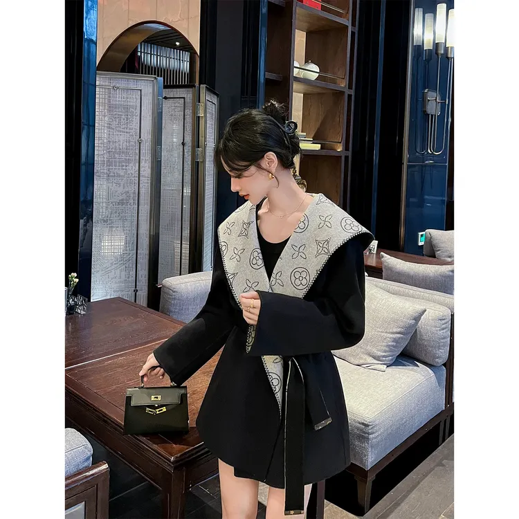 秋冬宽松型老花咖色双面双色呢外套女慵懒连帽系带羊毛大衣