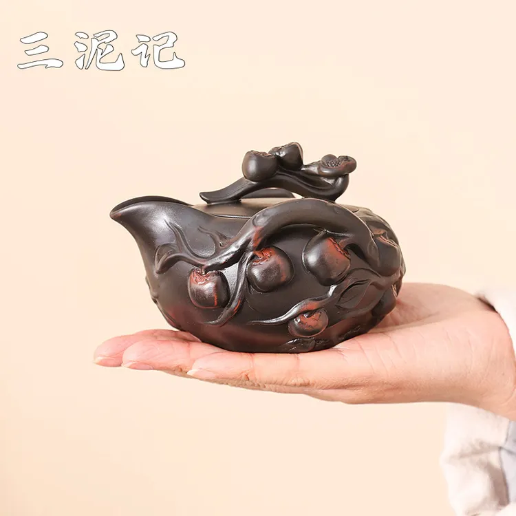 紫陶柿柿如意手抓壶泡茶壶家用茶壶复古手工高档茶杯茶水旅行茶具