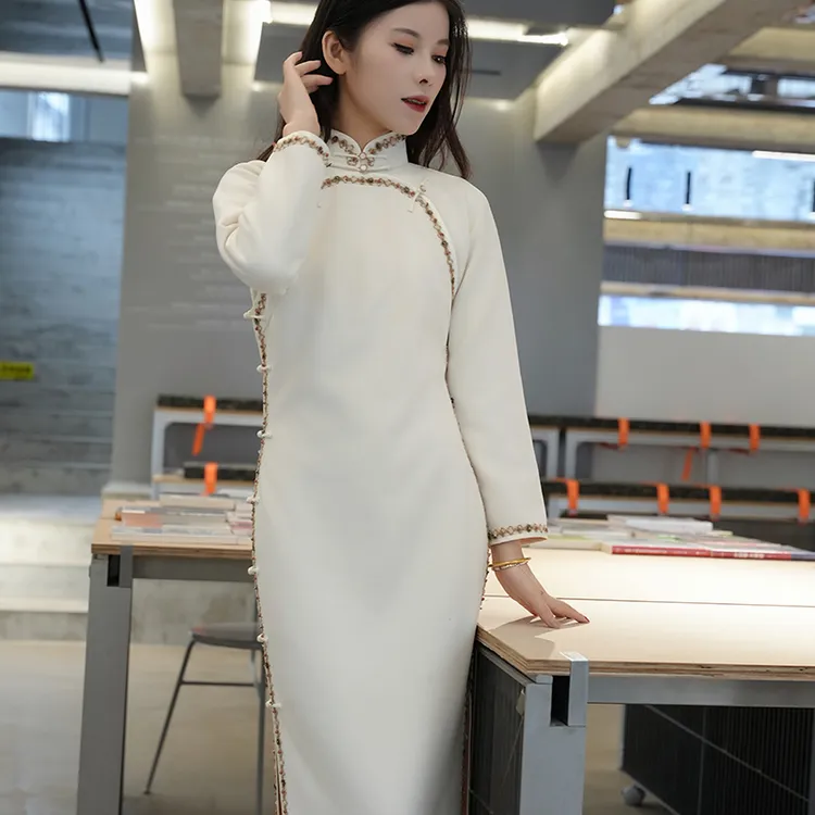 【慕雪】秋冬季叉肩袖旗袍修身保暖复古中式金线澳毛精致千金白月光