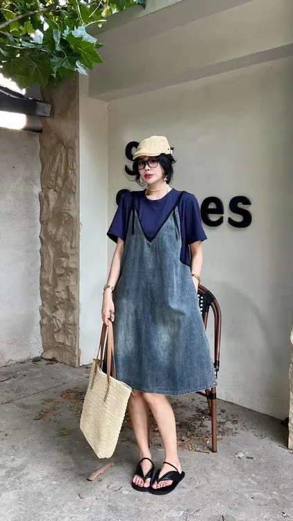 玫瑰套头裹胸拼接圆领夏季大码连衣裙常规中长裙宽松腰