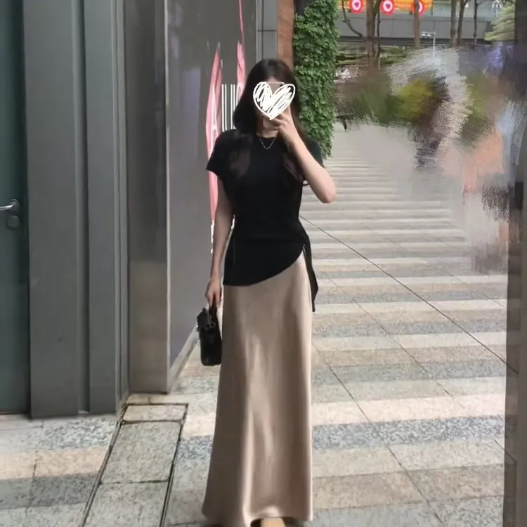 夏季新款不规则设计感绑带修身圆领上衣时尚高腰缎面半身裙两件套