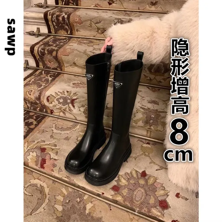 三角标直筒圆头厚底中筒高高长筒显瘦骑士靴女秋冬皮质内增高长靴