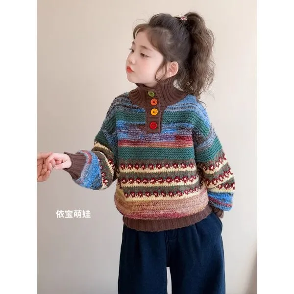 女童彩色条纹毛衣冬季2025新款洋气儿童高领针织衫女宝宝冬装内搭