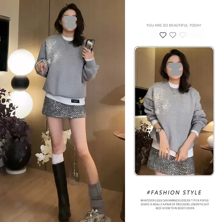 灰色重工钉珠卫衣女2025秋季新款休闲百搭小个子打底美式重磅上衣