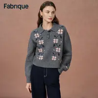 Fabrique Fika 秋冬新品四叶草碎花刺绣绵羊毛Polo领休闲针织毛衣