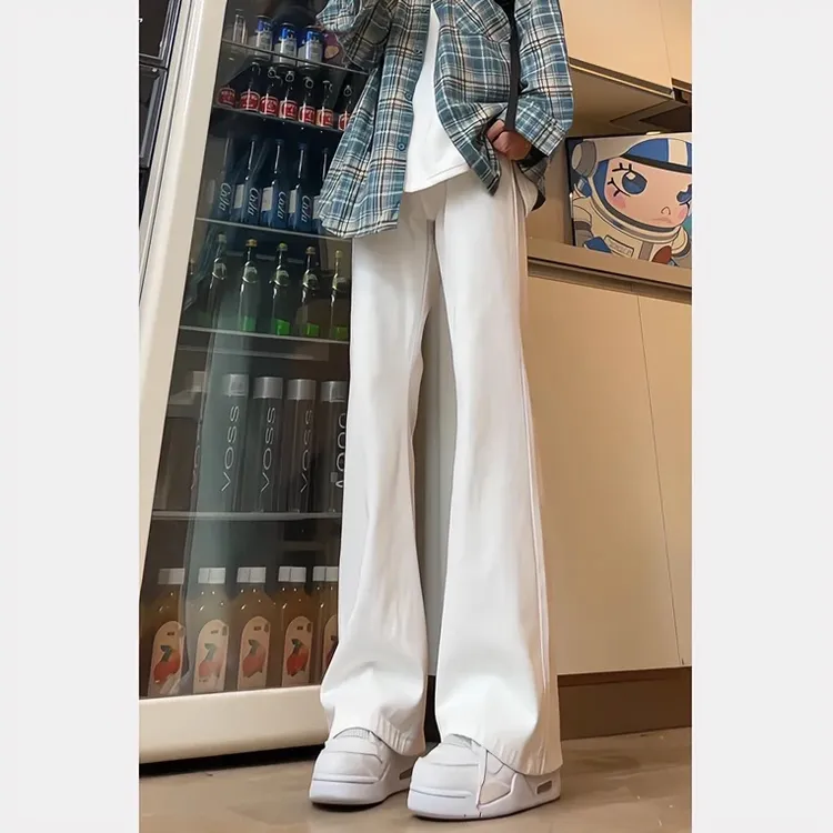 美式水洗复古弯刀白色微喇直筒宽松阔腿牛仔长裤纯色百搭男生痞帅