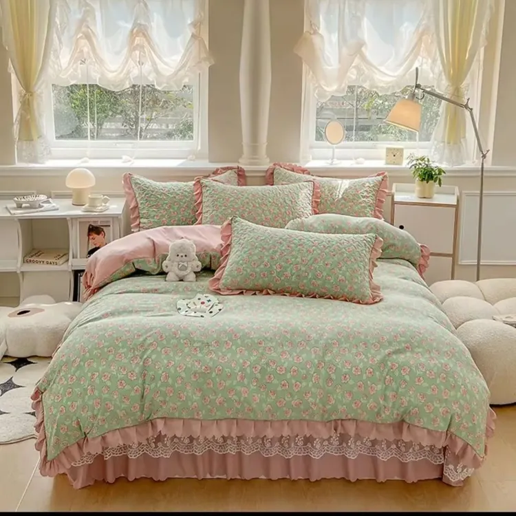 A类母婴级床盖四件套亲肤夹棉公主风版针织棉花边被套四季款韩版