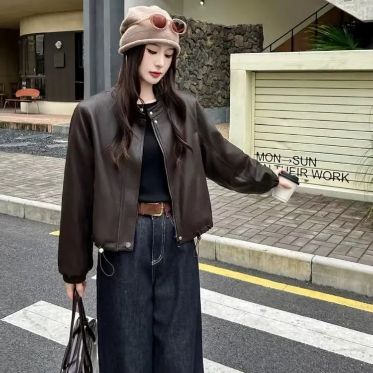 冬季加厚圆领短款宽松短外套工装风时尚皮衣休闲2608