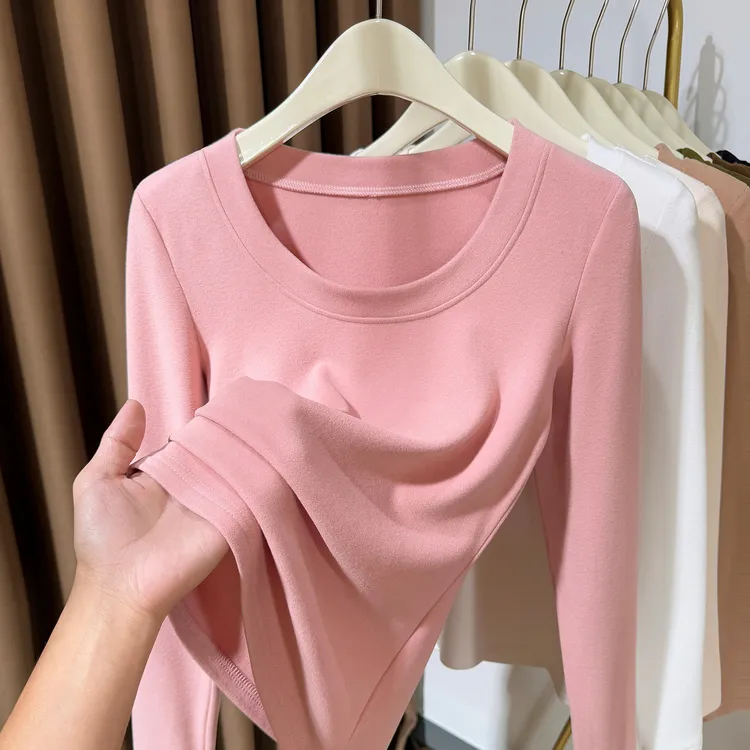大圆领德绒长袖修身T恤女秋冬款内搭软糯保暖长袖时尚叠穿打底衫