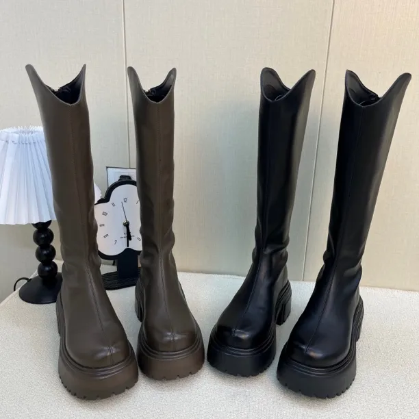 35-43加大加肥厚底骑士靴女黑色v口长筒靴不过膝高筒长靴子