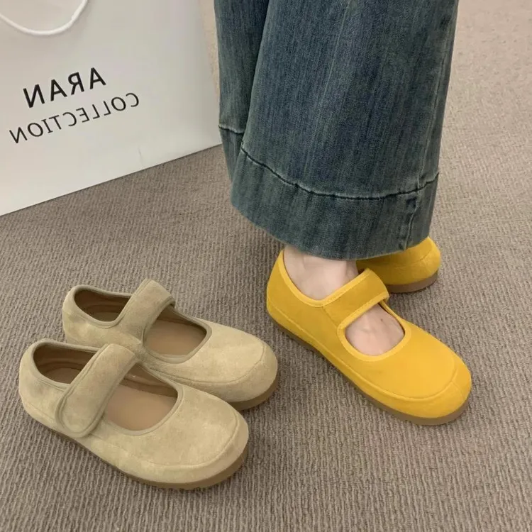 魔术贴一字带真皮玛丽珍豆豆鞋子日系丑萌厚底勃肯鞋女乐福单鞋女