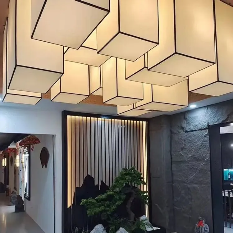 定制酒店宴会厅大堂吸顶灯办公会议展厅羊皮组合吊灯亚麻方形灯罩