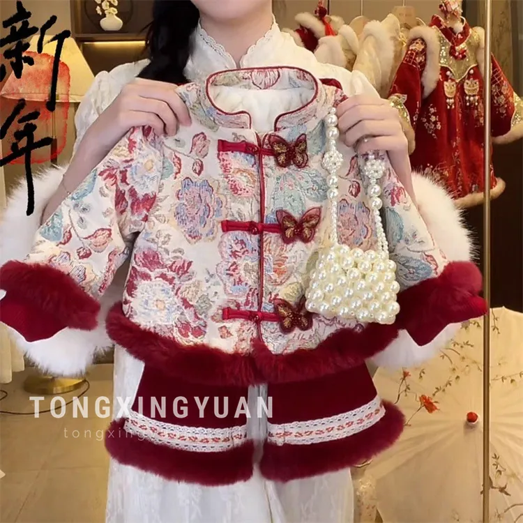全棉时代女童汉服过年拜年服秋儿童国风新中式套装女宝宝周岁礼服