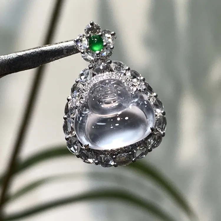 翡翠玻璃钢佛公，纯净无底色 力荐款 18k金镶嵌