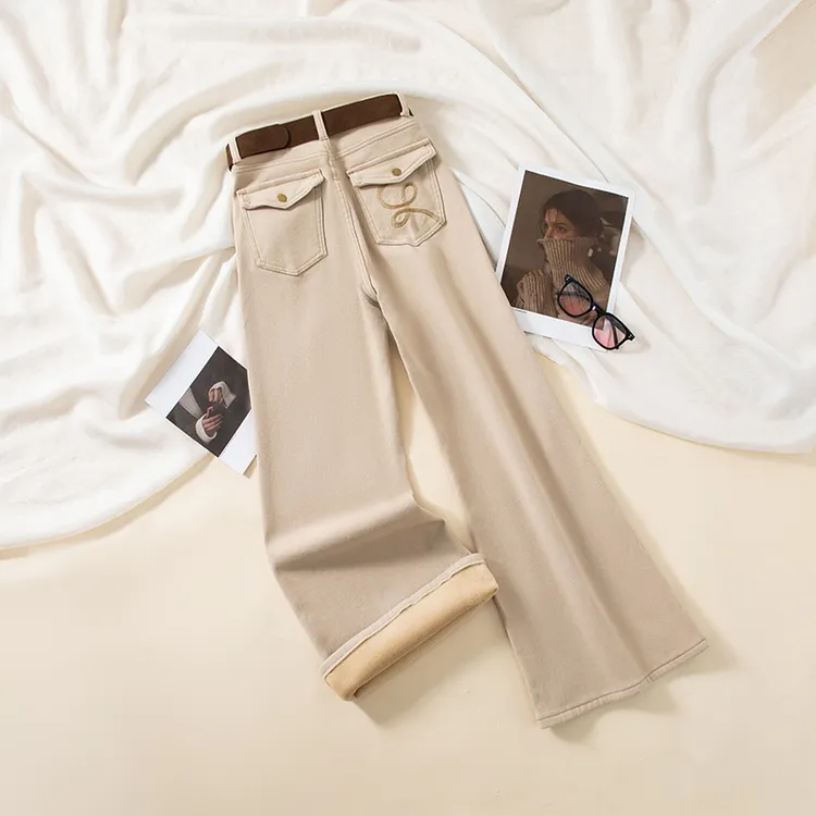 单裤/加绒高腰阔腿喇叭牛仔裤女弹力宽松显瘦裤子9875