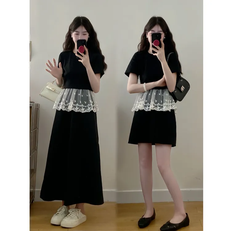 大码春夏气质温柔风设计感蕾丝正肩上衣+高腰显瘦半身裙两件套